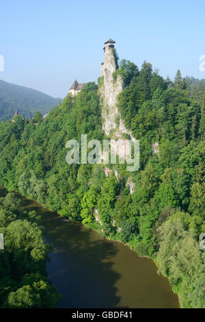 AERIAL VIEW. Medieval castle perched high above the Orava River. Orava Castle, Oravský Podzámok, Žilina Region, Slovakia. Stock Photo