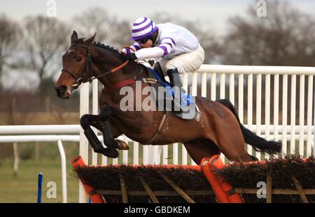 Ridding Aachen, Sam Thomas jumps the last to win the Eric and Lucy Papworth Novices' Hurdle Race Stock Photo
