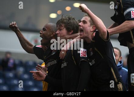 Soccer - FA Cup - Fifth Round - Blackburn Rovers v Coventry City - Ewood Park. Coventry City's Aron Gunnarsson (centre) celebrates with his team mates after scoring the second goal of the game. Stock Photo