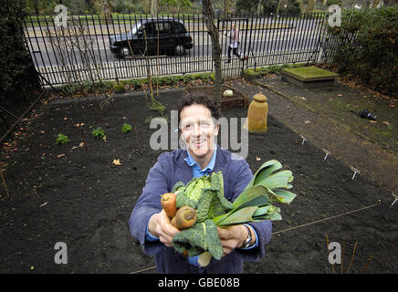 TV gardening personality Monty Don in the National Trust garden in London, which has been turned into an allotment plot for staff to use to grow their own produce. Stock Photo