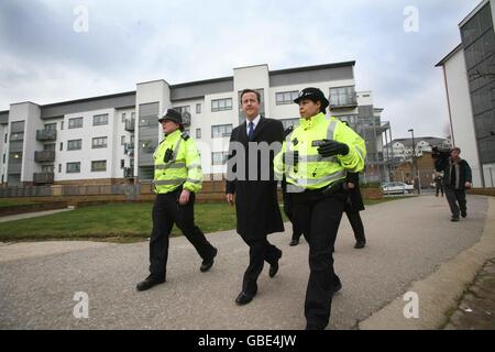 Conservative Party leader David Cameron meets with police officers in Paddington, central London. Stock Photo