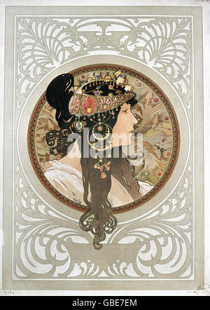 fine arts, Mucha, Alfons (1860 - 1939), poster, portrait of a brunette lady, 1897, Stock Photo
