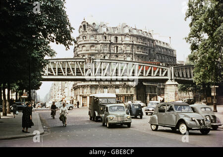 geography / travel,France,Paris,streets,Rue Lecourbe corner to Boulevard Garibaldi,road traffic with metro line 6,viaduct,circa 1959,Citroen 2CV,cars,car,road traffic,underground,subway,tube,volume of traffic,traffic volume,street scene,street scenes,pedestrian,pedestrians,passer-by,passerby,passers-by,cyclist,busy,Western Europe,Europe,mobility,city center,town center,city centres,city centers,town centres,town centers,the city,inner city,midtown,city centre,town centre,urban core,1950s,50s,20th century,streets,stre,Additional-Rights-Clearences-Not Available Stock Photo
