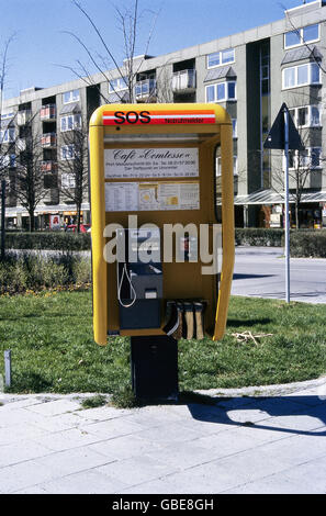 mail / post, telecommunications, telephone box, in residential area, with emergency call, circa 1989, Additional-Rights-Clearences-Not Available Stock Photo