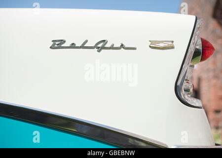 Rear fin and tail-light of a 1957 Chevrolet Bel Air car. Stock Photo