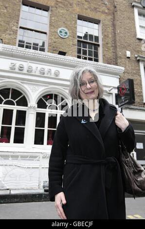 Elizabeth Cook, the sister of comedian Peter Cook, outside the site in Greek Street, Soho where Peter Cook's Establishment Club was today commemorated with the unveiling of a Westminster green plaque, in central London. Stock Photo
