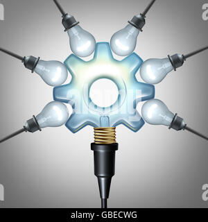 Creative economy and creativity industry concept as a center lightbulb shaped as a gear or cog connected to a group of light bulbs as a business symbol for marketing communication solution or advertising of ideas and imaginative innovation as a 3D illustr Stock Photo