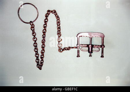 justice, torture, thumbscrew, with chain, chains, thumbscrews, historic, historical, instrument of torture, torture device, instruments of torture, torture devices, technics, penalty, penalties, Additional-Rights-Clearences-Not Available Stock Photo