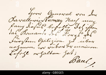 Paul I, Emperor of Russia,  1754 – 1801.  Hand writing sample and signature. Stock Photo