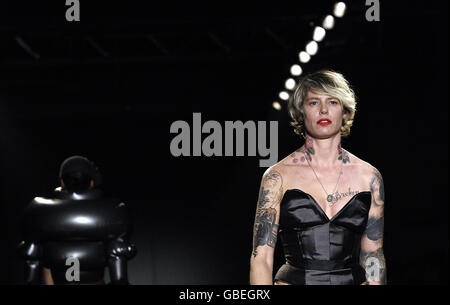 A model on the catwalk during the Giles Deacon Show at London Fashion Week in central London. Stock Photo
