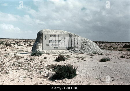 geography / travel, Egypt, El Alamein, memorial stone, erected on 23.10.1942 in remembrance of the Battle in World War II, sign warning of a German minefield, photo taken in 1956, Additional-Rights-Clearences-Not Available Stock Photo