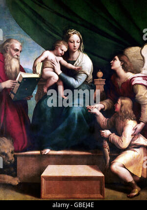 fine arts, religious art, madonnas with child, painting 'Madonna of the Fish', by Raphael (1483-1520), Prado, Madrid, Stock Photo
