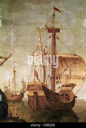 transport / transportation, navigation, sailing ships, carrack, detail from the painting 'Legend of Saint Ursula', by Vittore Carpaccio (ca. 1455 - 1526), circa 1495, Accademia Venezia, Additional-Rights-Clearences-Not Available Stock Photo