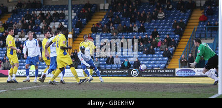 Soccer - Coca-Cola League Two - Bury v Dagenham and Redbridge - Gigg Lane. Bury's Efetobore Sodje heads in his second goal of the game during the Coca-Cola League Two match at Gigg Lane, Bury. Stock Photo