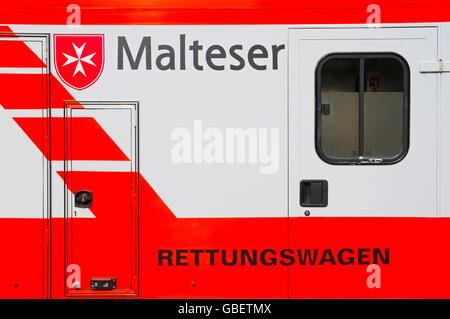 Malteser Hilfsdienst, emergency vehicle, logo, ambulance, civil protection, Germany Stock Photo