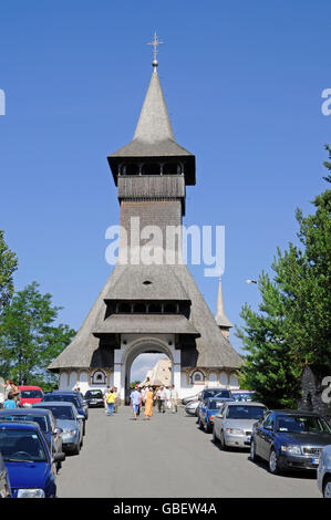 Wooden church, visitors, Barsana, monastery, Maramures, Romania Stock Photo