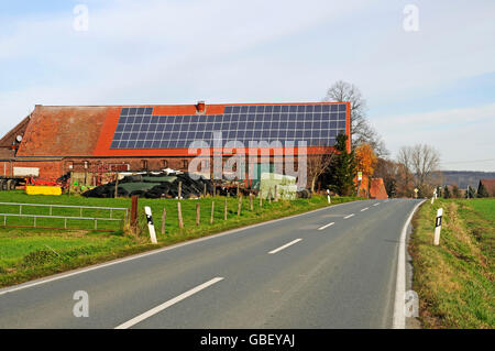 Photovoltaic power plant, farm, Munsterland region, North Rhine-Westphalia, Germany / Münsterland, solar power system, photovoltaic Stock Photo
