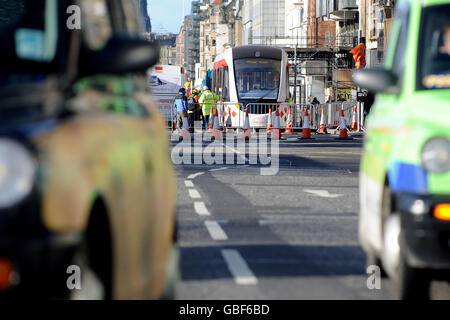 A mock up of Edinburgh trams went on display outside Jenners on Edinburgh's Princes Street where members of the public will be able to visit tomorrow to get a feel for the future tram system in the capital's city centre. Stock Photo