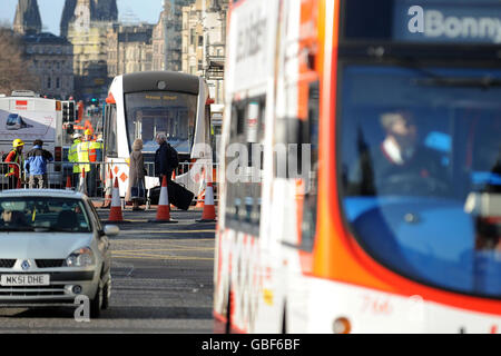 A mock up of Edinburgh trams went on display outside Jenners on Edinburgh's Princes Street where members of the public will be able to visit tomorrow to get a feel for the future tram system in the capital's city centre. Stock Photo