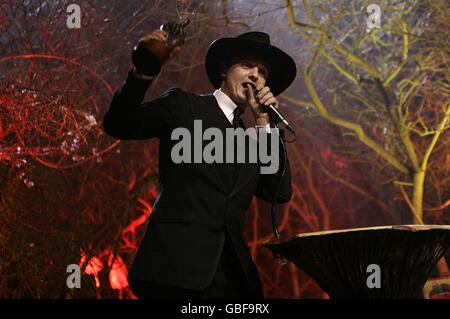 Pete Doherty receiving the Best Solo Artist award on stage at the Shockwaves NME Awards 2009 at the 02 Academy, Brixton, London Stock Photo