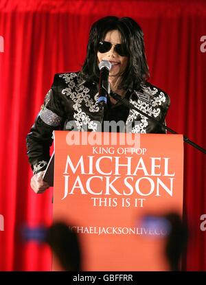 Michael Jackson announces plans for his last performances in London in July at the O2 Arena during a press conference held at the O2 Arena in Greenwich, London. Stock Photo