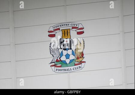 General view of the Coventry City crest on a stand at the Ricoh Arena Stock Photo