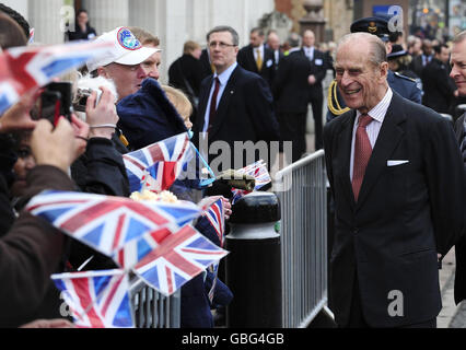 The Duke of Edinburgh enjoys a walkabout during his visit with Britain's Queen Elizabeth II in Hull. Stock Photo