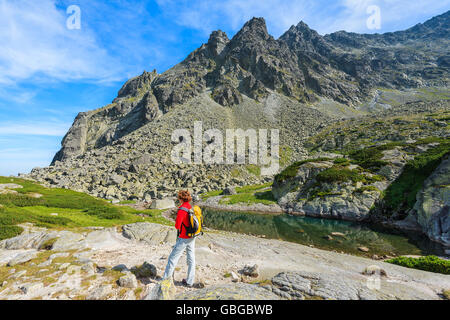 Young woman tourist standing near beautiful small lake in summer landscape of High Tatra Mountains, Slovakia Stock Photo