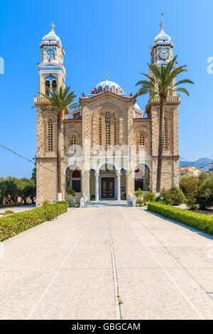 Square with beautiful old church in Karlovasi town, Samos island, Greece Stock Photo