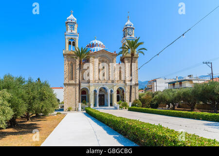 Square with beautiful old church in Karlovasi town, Samos island, Greece Stock Photo