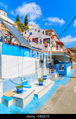 SAMOS ISLAND, GREECE - SEP 23, 2015: colorful houses on street in Pythagorian town, Samos island, Greece. Stock Photo