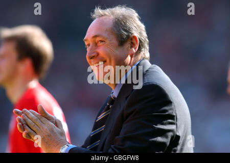 Liverpool's Manager Gerard Houllier is all smiles after the final match of the season Stock Photo