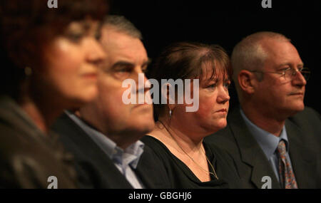 Families of soldiers who died while serving in the British Army at Deepcut Army Barracks, (left to right) Doreen and Desmond James, parents of Cheryl James, Diane and Geoff Gray, the parents of Geoff Gray, on the set of the play 'Deepcut' which opens at the Tricycle Theatre, Kilburn, London, on 12th March 2009. Stock Photo