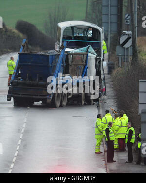 Police at the scene of a crash between a lorry, a bus and a skip wagon at Hooton Roberts, near Rotherham, South Yorkshire. Stock Photo