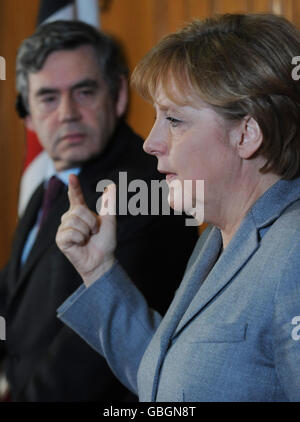 Prime Minister Gordon Brown with German Chancellor Angela Merkel during a press conference in 10 Downing St, central London. Stock Photo