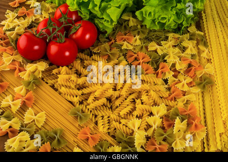 Various types of Italian pasta background. Spaghetti. Pasta. Italian food. Noodles. Stock Photo