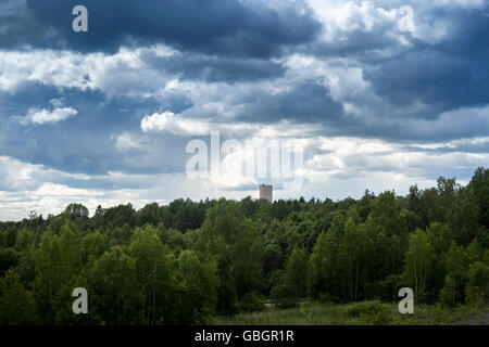 Heavy clouds over landscape with forest and tower Stock Photo