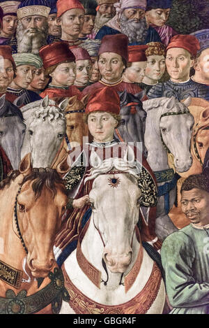 Florence. Italy. Fresco cycle of The Procession of the Magi (ca. 1460) by Benozzo Gozzoli, detail of Galeazzo Maria Sforza. Cappella dei Magi. Stock Photo