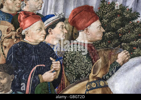 Florence. Italy. Fresco cycle of The Procession of the Magi (ca. 1460) by Benozzo Gozzoli (ca. 1421-1497). Cappella dei Magi. Palazzo Medici Riccardi. Stock Photo