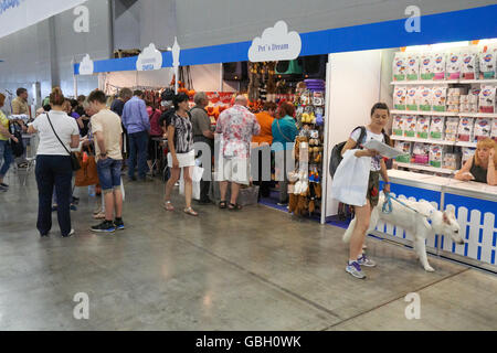 Moscow, Russia - June 24, 2016: Pet products and food at World Dog Show in Crocus Expo. Stock Photo