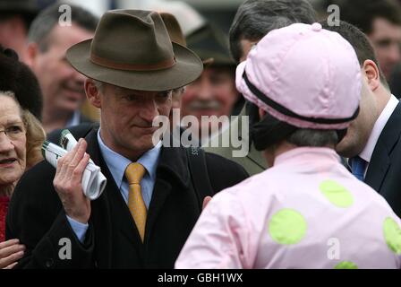 Trainer Willie Mullins (left) with Jockey Ruby Walsh after winning the Ballymore Novices' Hurdle with Mikael D'haguenet. Stock Photo