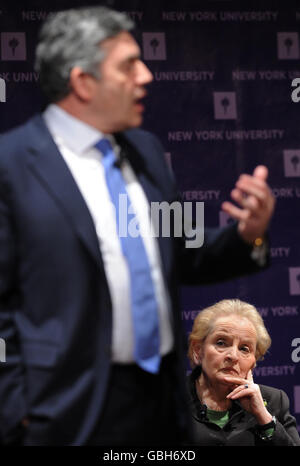 British Prime Minister Gordon Brown delivers a speech on 'A New Multilateralism For The 21st Century' with former U.S. Secretary of State Madeleine Albright, at the New York University, during his one day visit to New York City.