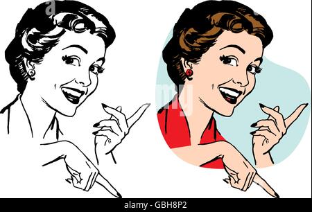 A smiling pointing woman gesturing towards something interesting or exciting. Stock Vector