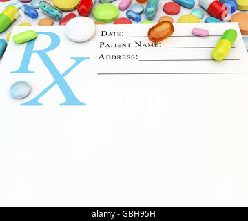 Variety of colorful prescription drugs on blank page Stock Photo