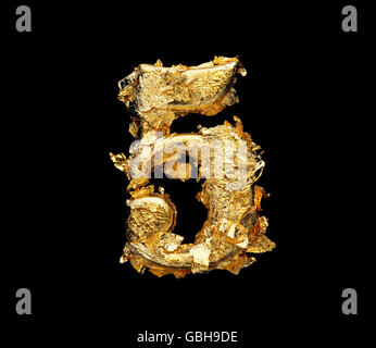 Alphabet and numbers in rough gold leaf isolated on black Stock Photo