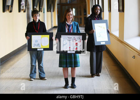 Finalists (from left) Anthony Lane from Ballinrobe Co.Galway with his entry Geography 3D Entry, Sarah Fay from Castleknock Community College, Dublin with her entry Relax A Class, and Blessing Abisola Aladetoun from St.Colman's College, Middleton Co.Cork with her entry 3D Visual World arrive at the National University of Ireland Maynooth, Co.Kildare for the Imaginate 2009 Awards which are set to challenge schools to design future objects for the classroom. Stock Photo
