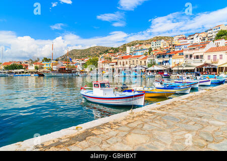 Traditional colourful Greek fishing boats in Pythagorion port, Samos island, Greece Stock Photo