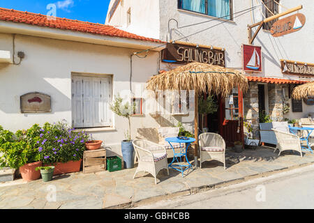 SAMOS ISLAND, GREECE - SEP 24, 2015: sailing bar on street of Kokkari town, Samos island, Greece Stock Photo