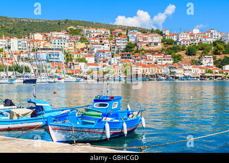 Traditional blue and white colour Greek fishing boats in Pythagorion port, Samos island, Greece Stock Photo