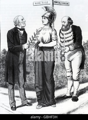 HOME RULE  Britannia stands between the offer of home rule from Gladstone and the 'perpetual coercion' offered by Lord Salisbury. Cartoon by Irish nationalist cartoonist John Dooley Reigh (J D Reigh)one of many sold as individual prints. Stock Photo